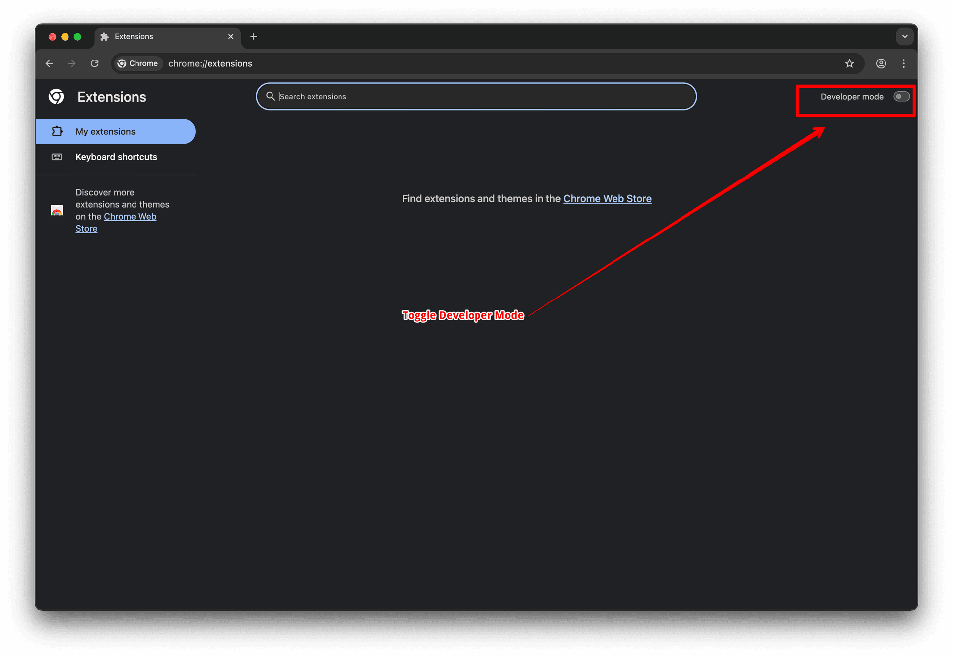 Chrome extensions page showing Developer mode toggle in the top right corner