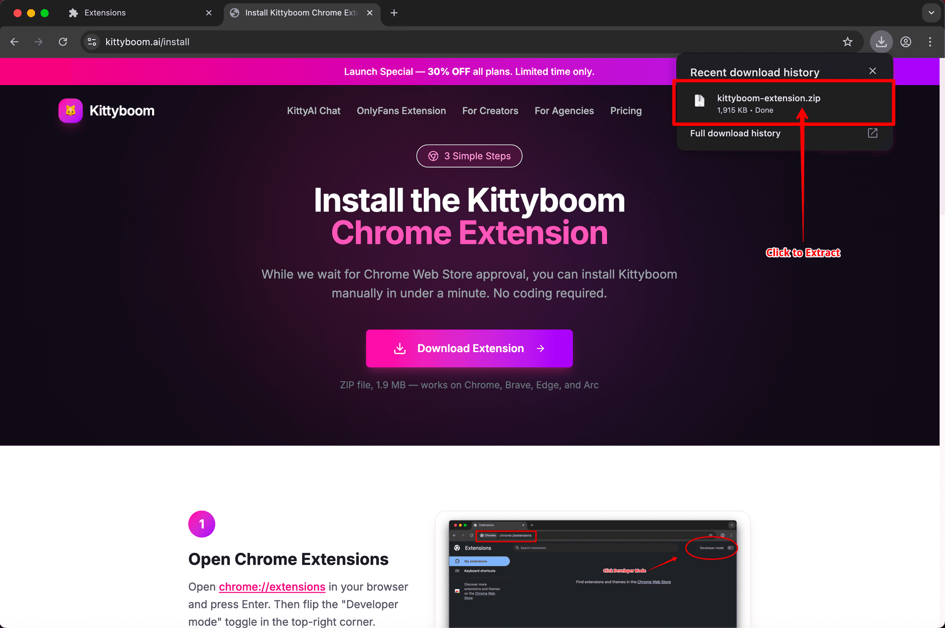Browser showing the downloaded kittyboom-extension.zip file