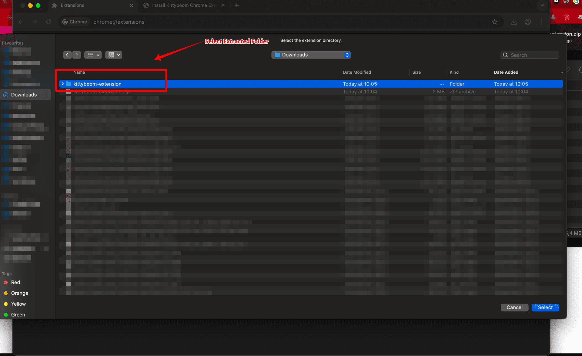 File picker showing the kittyboom-extension folder selected in Downloads